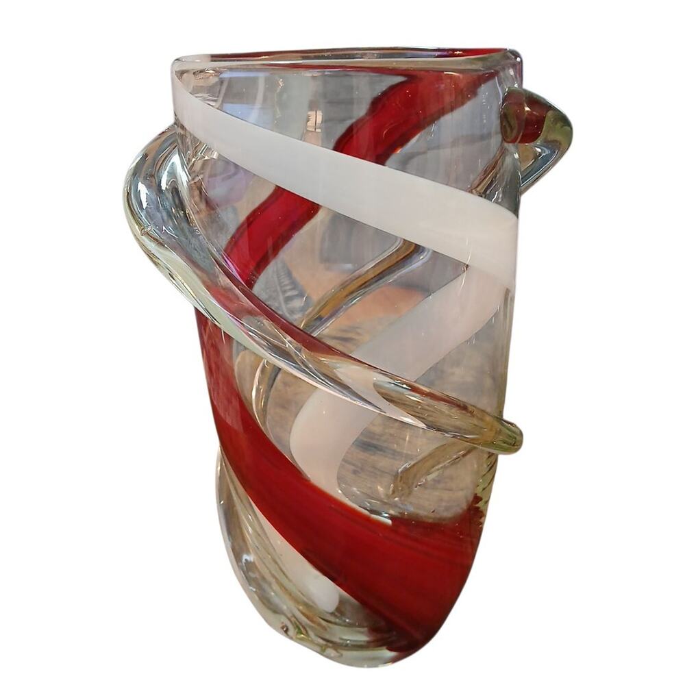 Gerson International 10.5”T Clear Glass Vase with Outside Red and‎ White Spiral